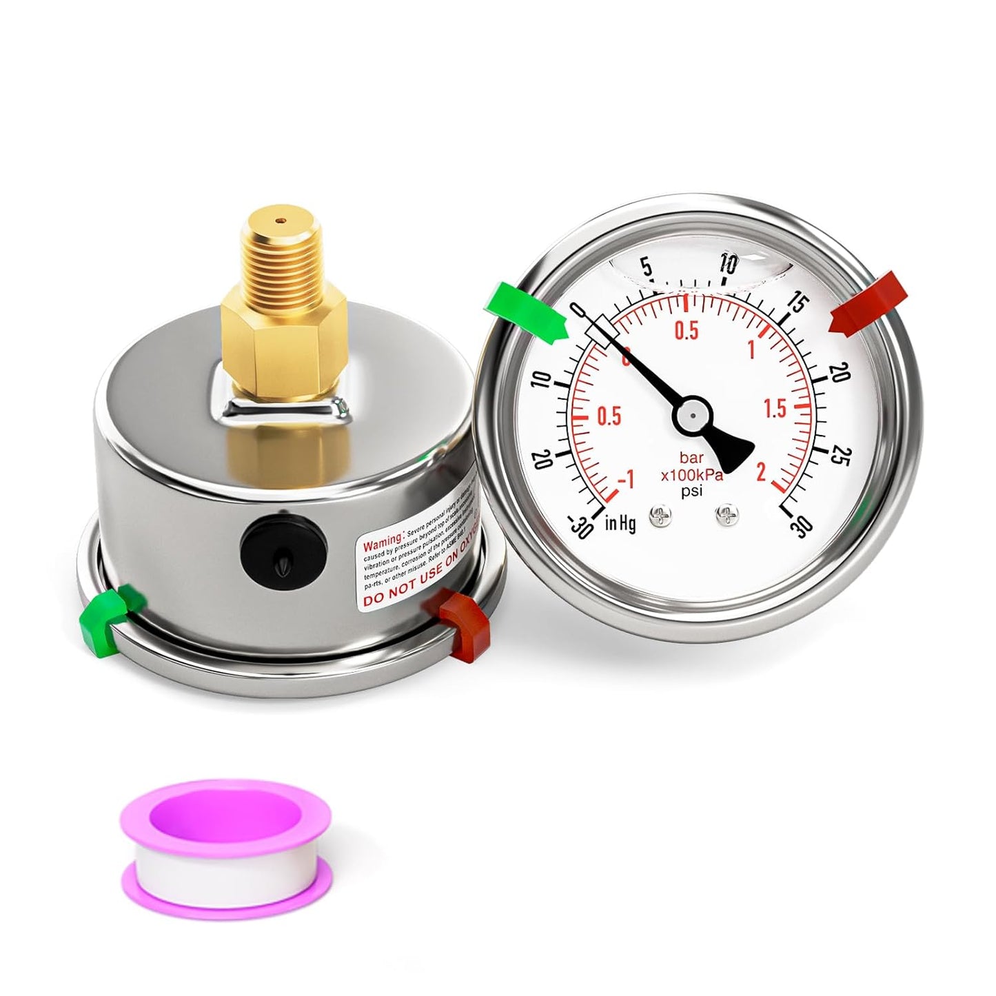 -30inHG-30PSI Stainless Steel Liquid Filled Pressure Gauge, 2.5" Dial Size, 1/8" NPT Back Mount, for Tube, Water Pump, Gas, Liquid, Pressure Test (with Range Mark Pointer)