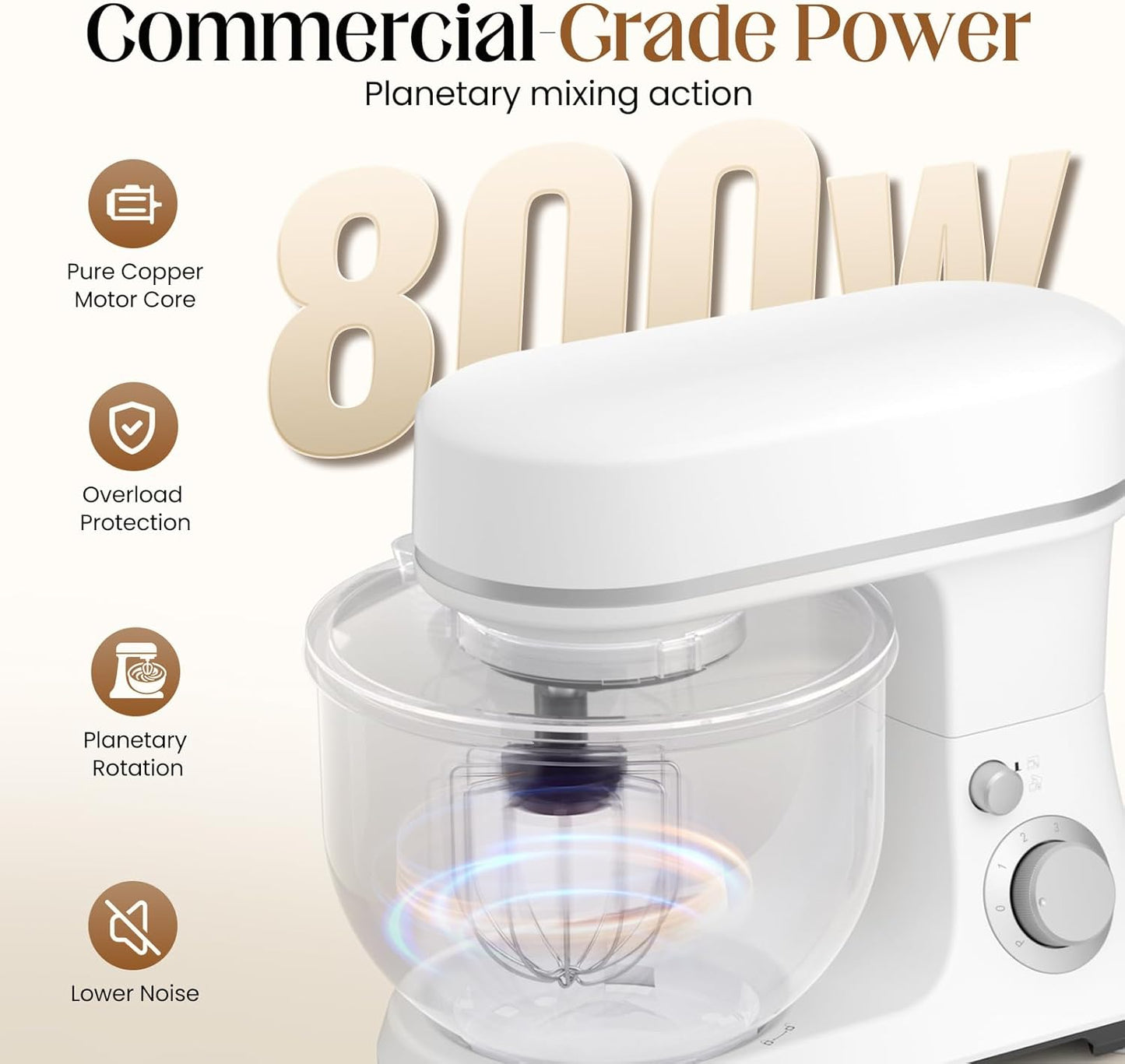 800W Stand Mixer with 5.3QT Bowl, 6-Speed with Pulse Electric Kitchen Mixer, Food Mixer with Dough Hook, Whisk, Beater Tilt-Head & Non-Slip Base for Cookie, Cake, Bread & Baking-White