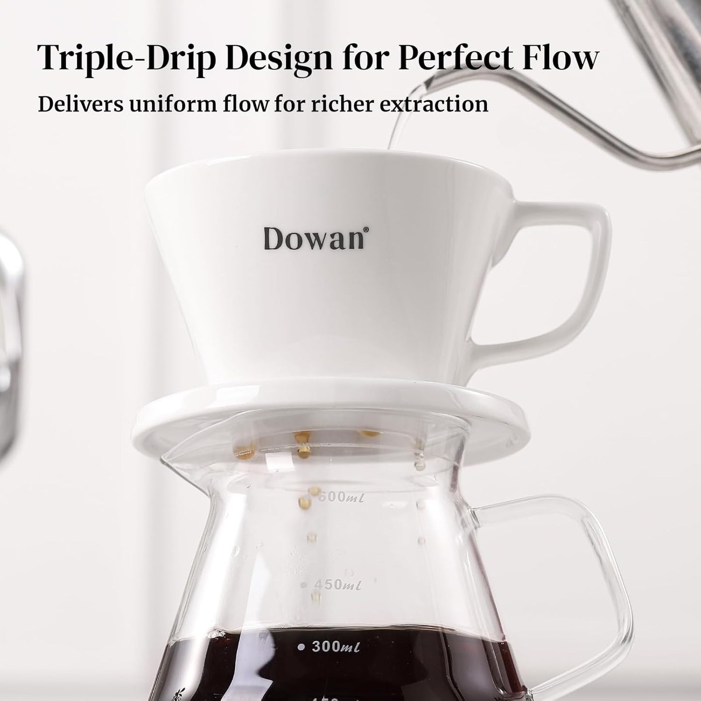 DOWAN Pour Over Coffee Maker, Non-Electric Pour Over Coffee Dripper with Open Base Design, Manual Brew Maker, Single Cups Porcelain Slow Brewing Accessories for Gifts, White