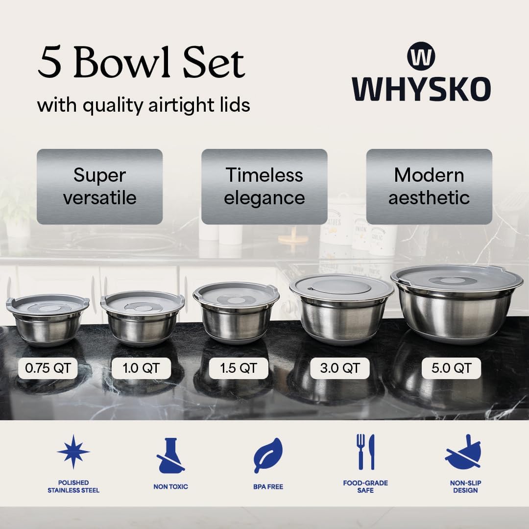 WHYSKO Stainless Steel Mixing Bowls with Lids Set - 5 Rustproof Metal Nesting Mixing Bowls for Kitchen, Meal Prep, Baking, Cooking, Storage - Includes 3 Grater Attachments, Dishwasher Safe