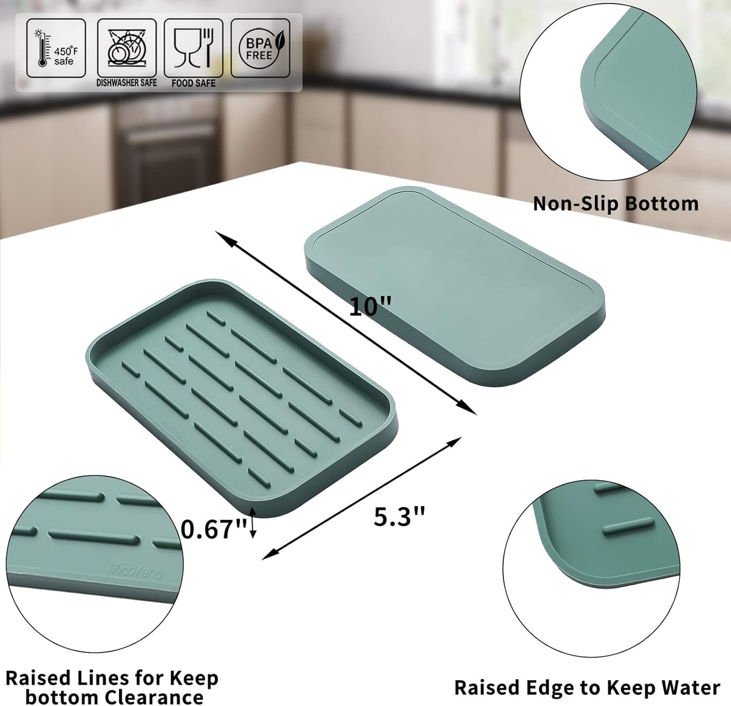 Silicone Kitchen Sink Organizer Tray for Multiple Usage,Eco-Friendly Sponges Holder for Kitchen Bathroom Counter or Sink,Dish Soap Dispenser,Scrubber,Bottle,Cup (Green, 10"×5.3")