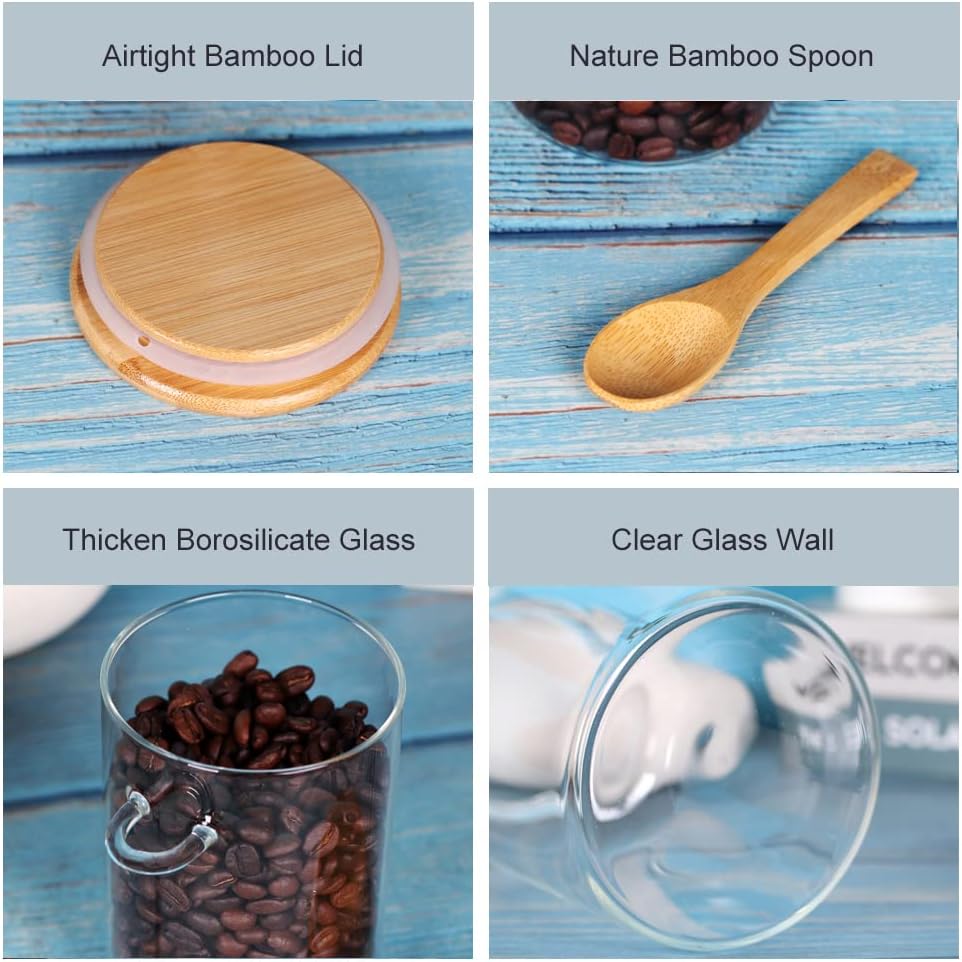 Glass Jars with Bamboo Lids and Spoon, 17 OZ Set of 3 Small Glass Sugar Container with Wooden Lids and Scoop, Coffee Tea Jars for Loose Tea, Coffee Bar Containers