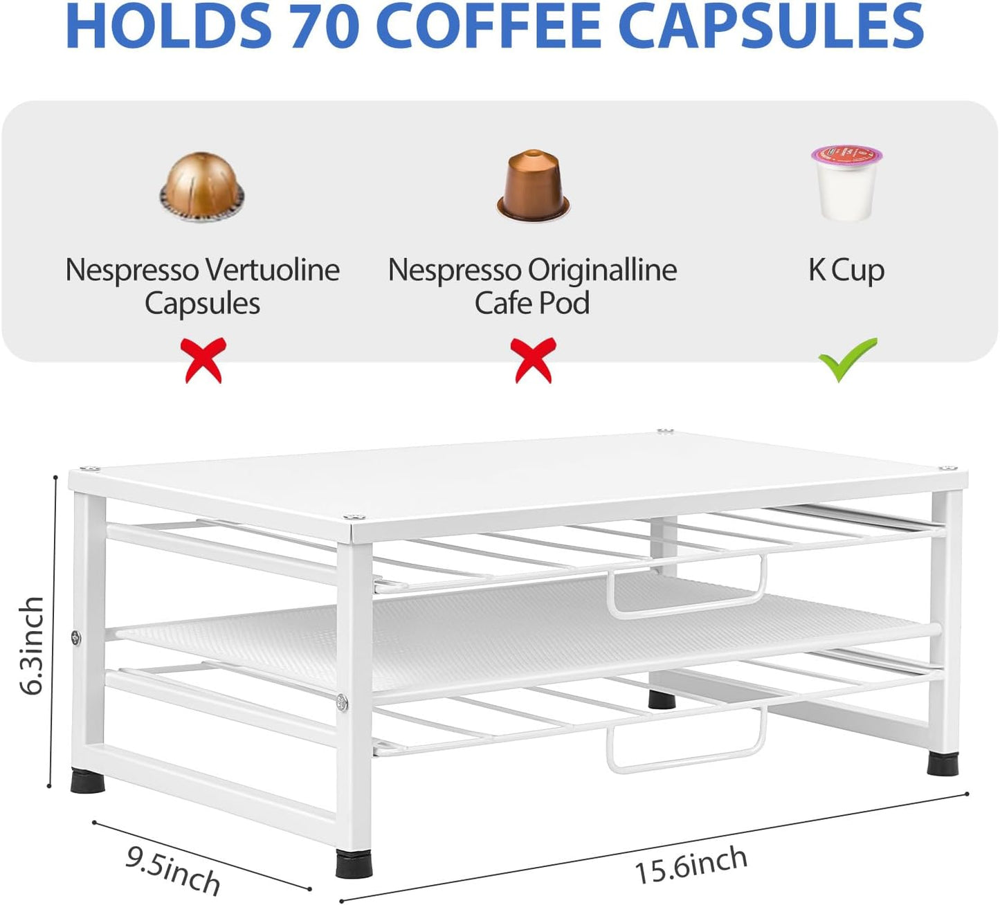 K Cup Holder Organizer for 70 Pods, 2-Tier Coffee Pod Holder for K-Cup with 2 Sliding Storage Drawers, Coffee Station Bar Organizer Accessories for Kitchen Countertop Home Office, White