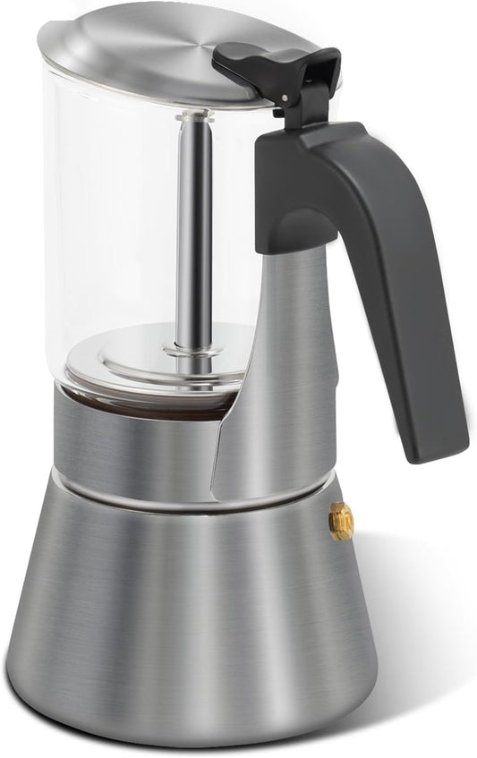 Grasseed Stainless Steel Moka Pot, Crystal Glass-top Coffee Maker Mocha Pot, Italian Stovetop Espresso Maker for Coffee - 6 Cup/240ml