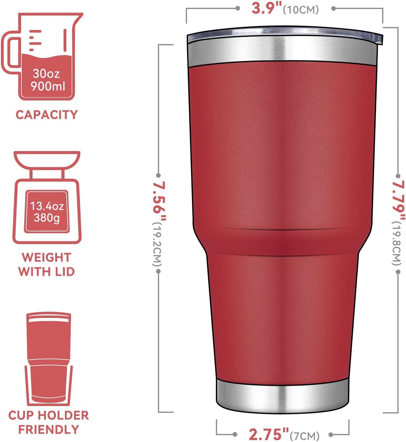 DOMICARE 30 oz Tumbler with Lid and Straw, Stainless Steel Tumblers Bulk, Insulated Vacuum Double Wall Travel Coffee Mug, Durable Powder Coated Tumbler Cup (Red, 1)