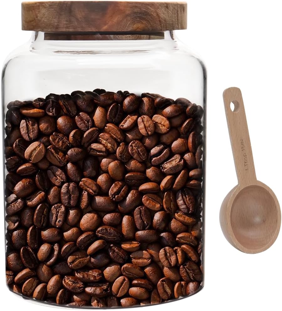 Vacuum Coffee Canister Glass Food Storage Jars With Airtight Lids Borosilicate Glass Coffee Canister Container for Coffee Beans & Grounds Tea Sugar Spices Kitchen (1200ml/40oz -1 pack-with spoon)