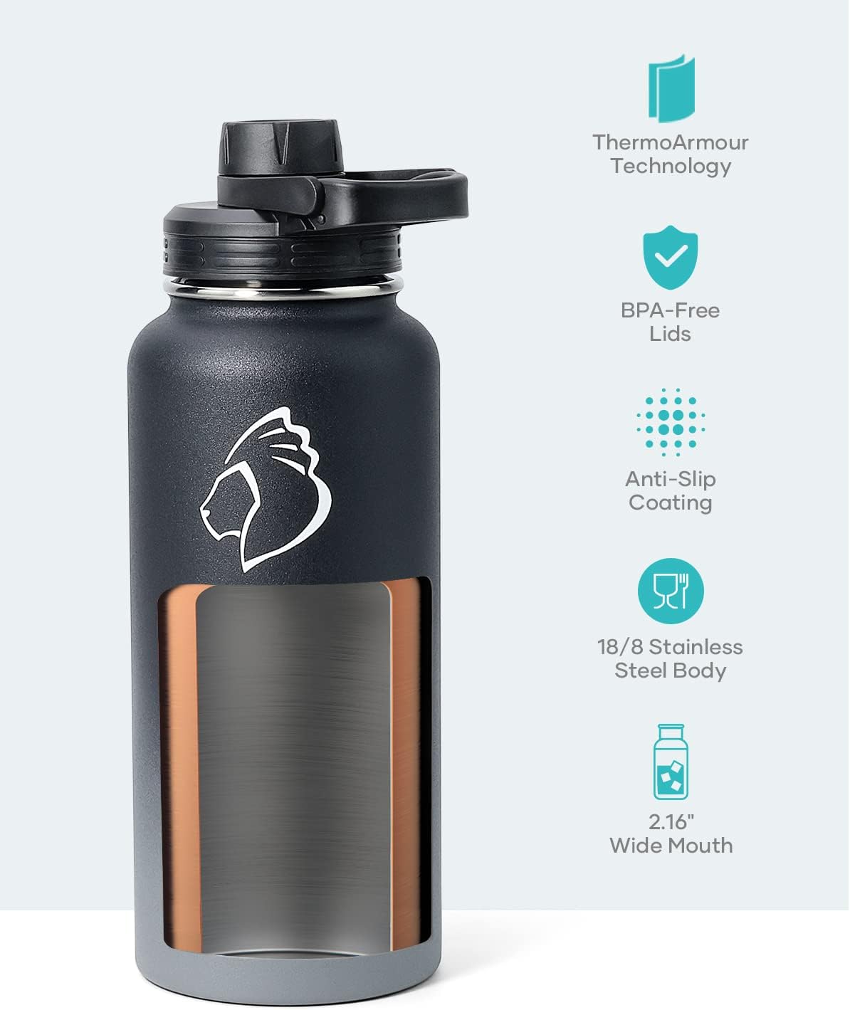 BUZIO 32 oz Water Bottle Insulated with Straw & 3 lid and Carrying Pouch, Leak Proof Anti-Slip Stainless Steel Water Flask Jug, Cold for 48 Hrs Double Vacuum Thermo Canteen, BPA-Free, Shadow