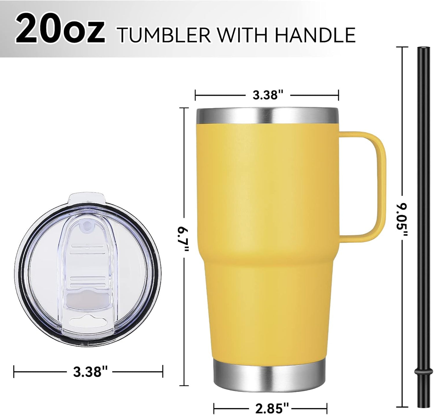 VEGOND 20 oz Tumbler Bulk with Handle Lid and Straw, Stainless Steel Insulated Travel Coffee Mug Set, Spill Proof Double Wall Metal Tumblers Cups, Yellow 6 Pack