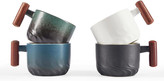 2.5oz Ceramic Espresso Cups with Wooden Handle, Small Coffee Cups Double Shot Espresso Cups Set of 4