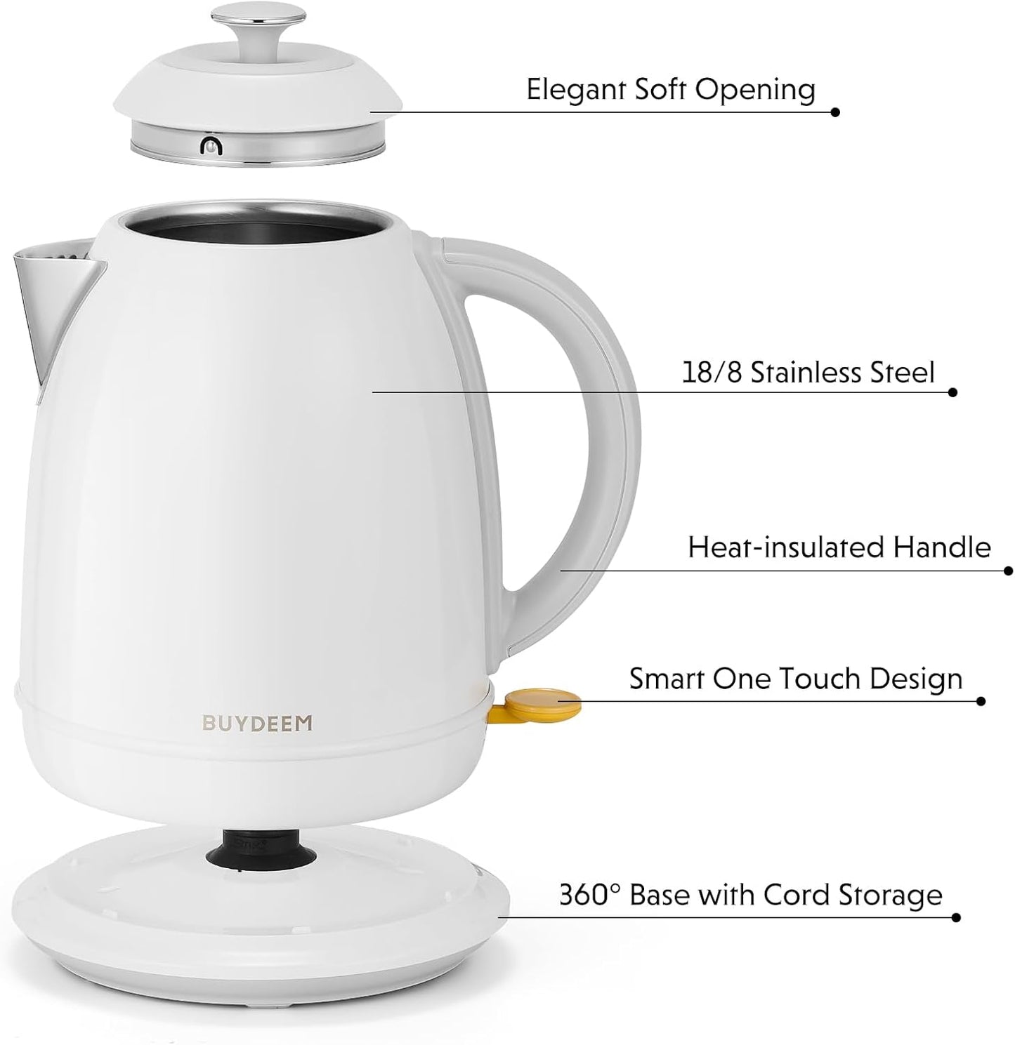 BUYDEEM K640 Stainless Steel Electric Tea Kettle with Auto Shut-Off and Boil Dry Protection, 1.7 Liter Cordless Hot Water Boiler with Swivel Base, 1440W, Arctic White