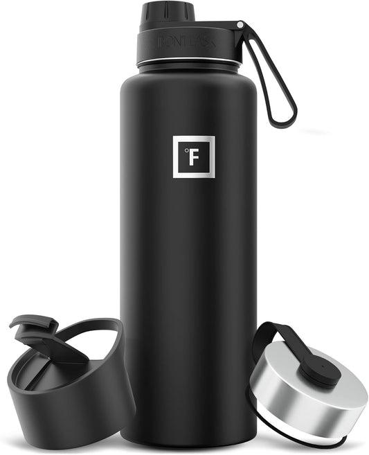 IRON °FLASK Camping & Hiking Hydration Flask with 3 Lids - Stainless Steel, Double Walled & Vacuum Insulated Water Bottle - Leak Proof & BPA Free (Midnight Black, Spout - 40 oz)