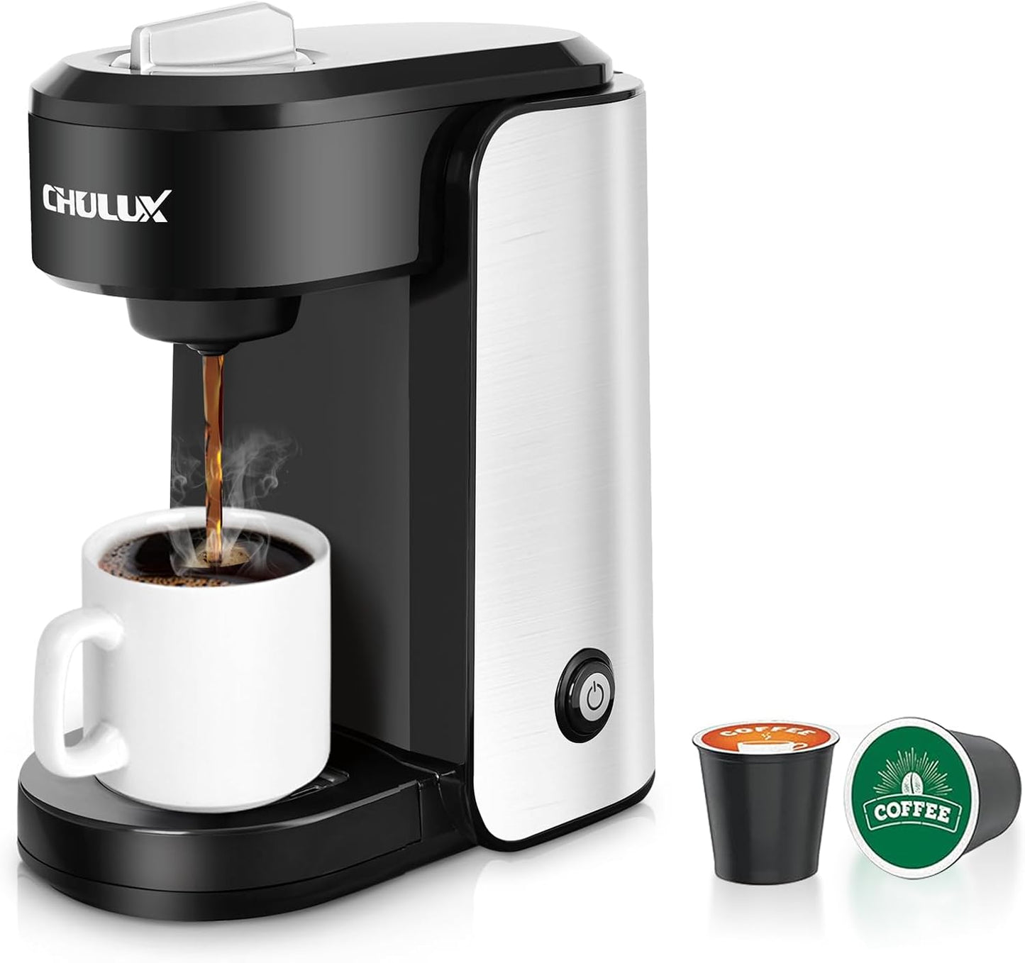 CHULUX Single Serve Coffee Maker, 1000 Watts Single Cup Stainless Steel Coffee Machine for Capsule and Ground Coffee with Graduated Water Tank, One Button Operation