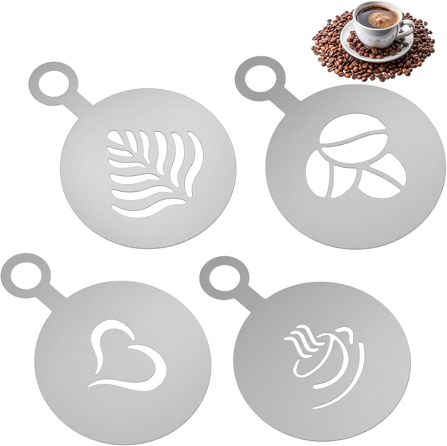 4 Pcs Stainless Coffee Stencils Latte Art,Latte Art Stencils,Lattes Stencilss with Various Patterns for Cappuccino Lattes Cake Decorating Coffee Shop and Home Use(Silver)
