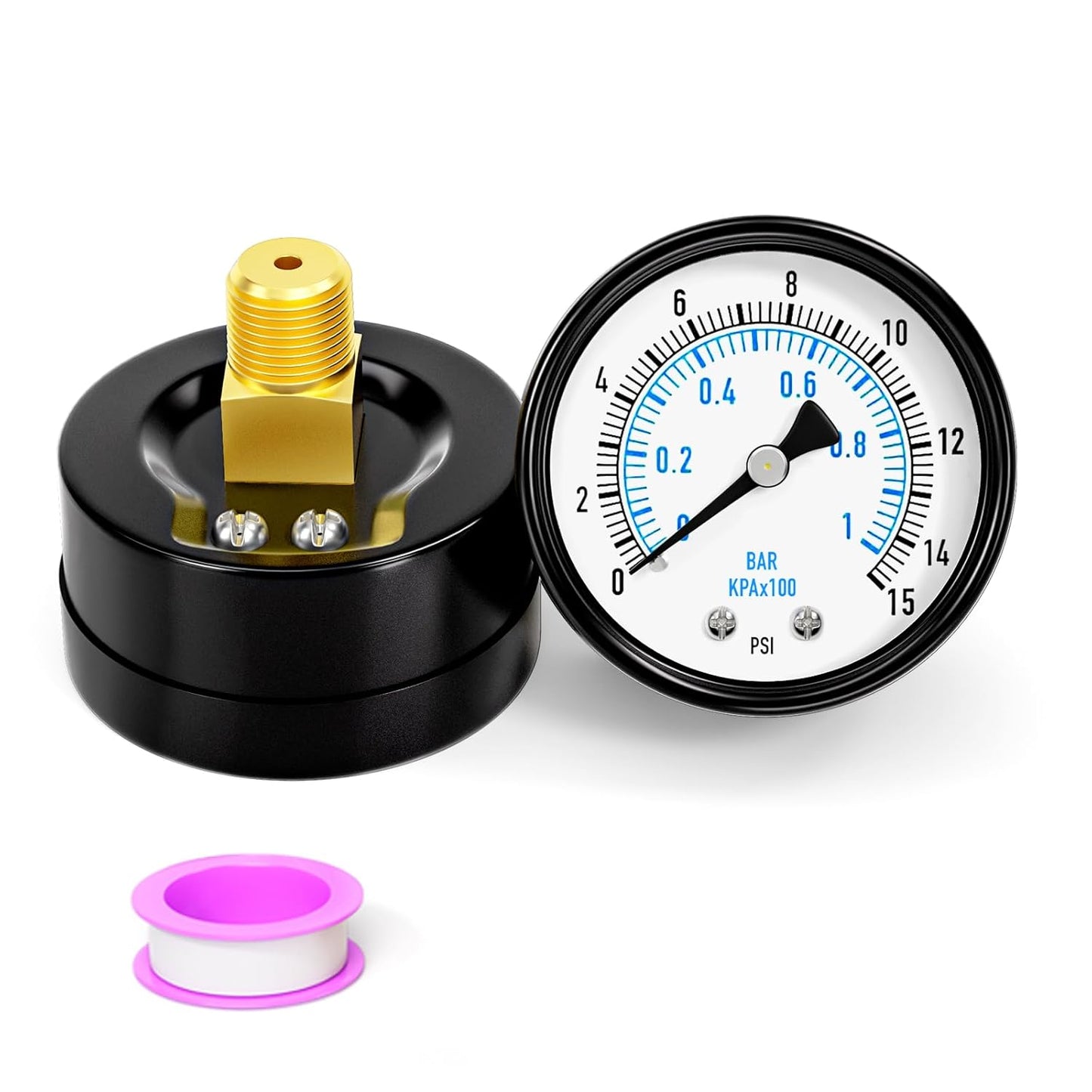 0-15PSI Well Pump Pressure Gauge 2" Dial Size, 1/4" NPT Back Mount, 3-2-3% Accuracy, for Tube, Water Pump, Gas, Liquid, Pressure Test