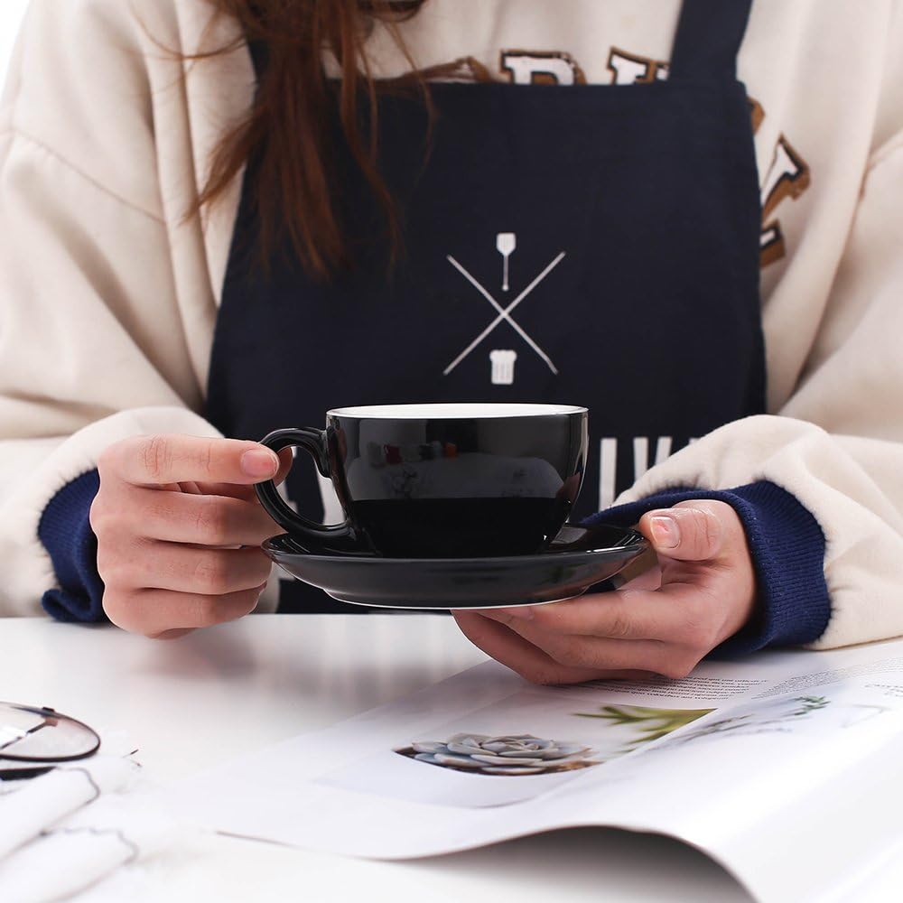 Free Pour Coffee Cup and Saucer, Small Cappuccino and Double Espresso, Ceramic Coffee Cups for Coffee Shop and Barista (Glossy Black, 5 oz)