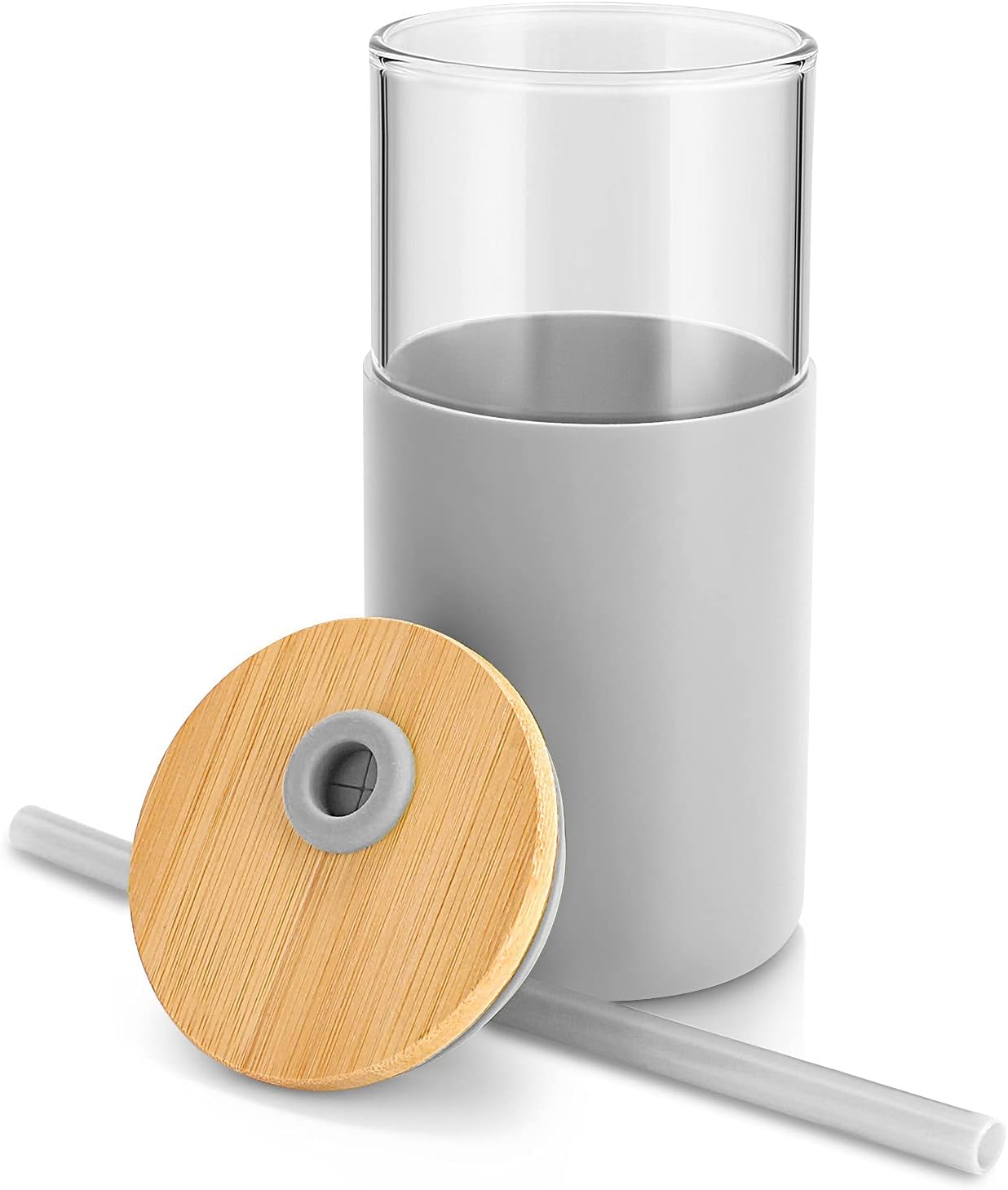 Tronco 16 oz Glass Tumbler with Straw and Bamboo Lid, Iced Coffee Cup Reusable, Smoothie Cups, Tumbler with Silicone Protective Sleeve - BPA Free