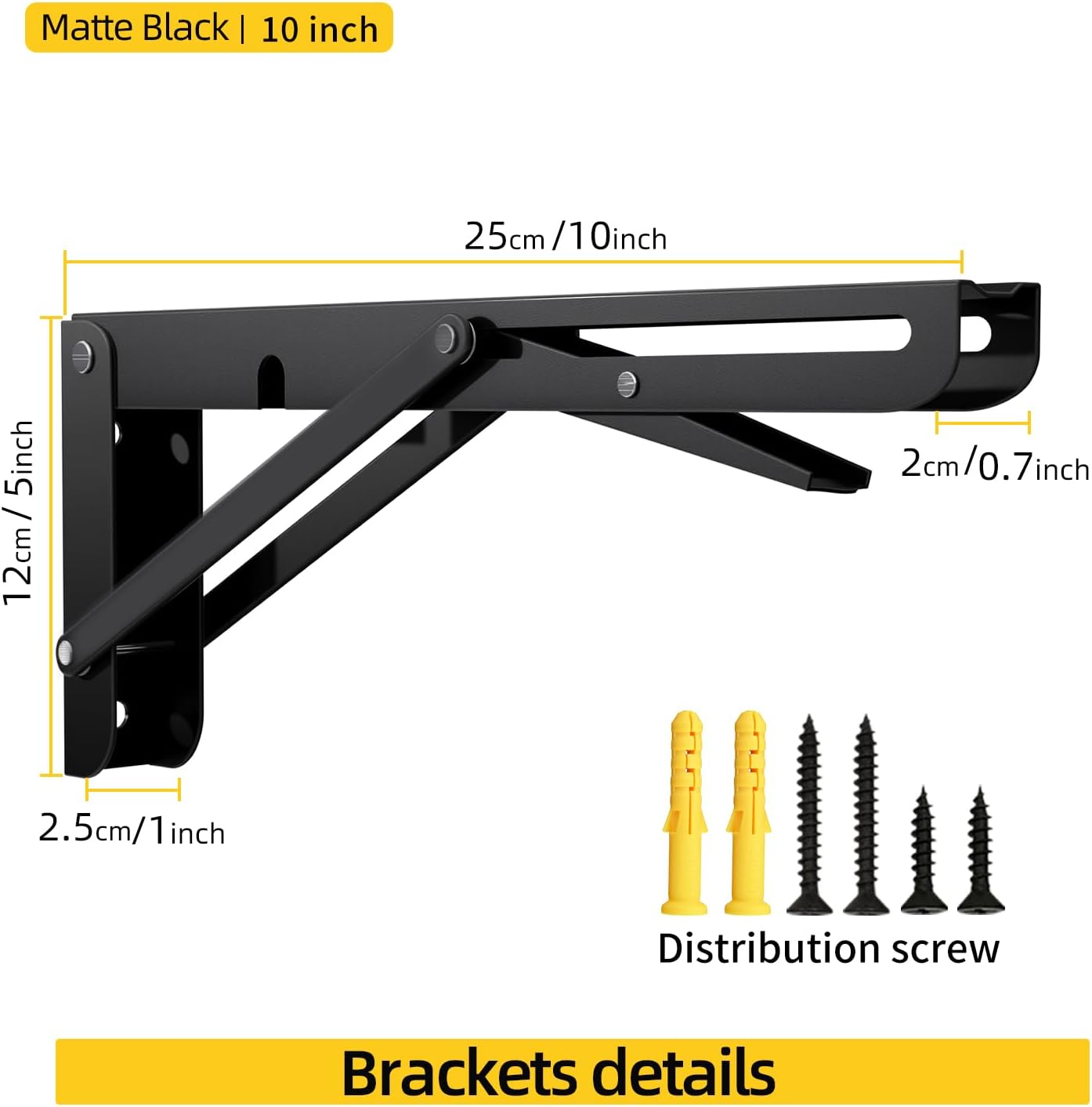 10 Inch Folding Shelf Brackets, 2 Pack Collapsible Heavy Duty Shelf Brackets for Fold Down Desk, Black