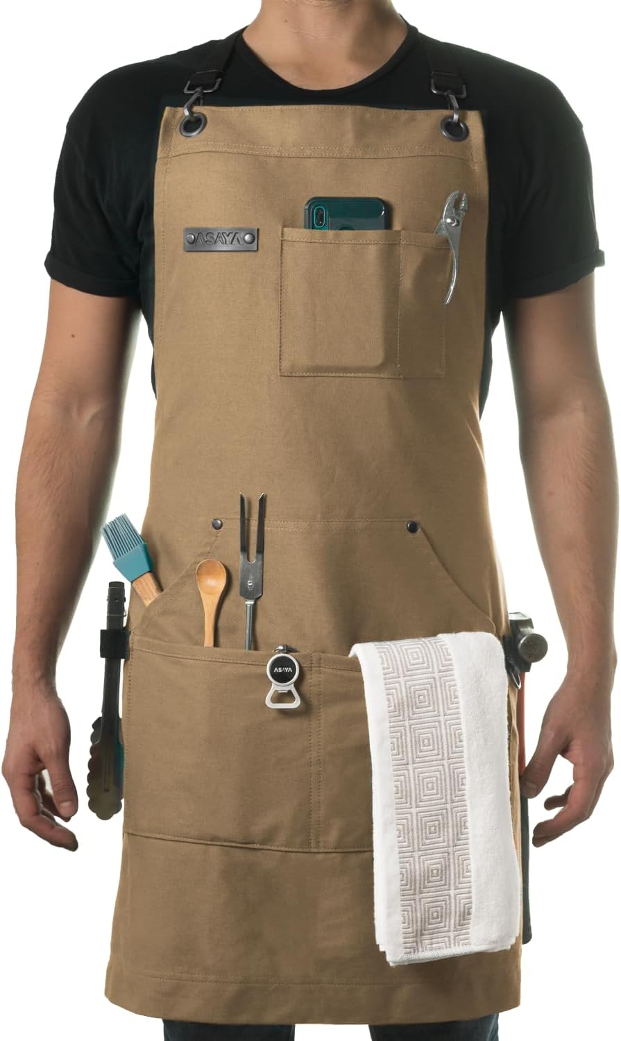 Asaya Chef and BBQ Apron with Bottle Opener and Hand Towel - 10oz Cotton Canvas, Stainless Steel Hardware - Cross Back Straps
