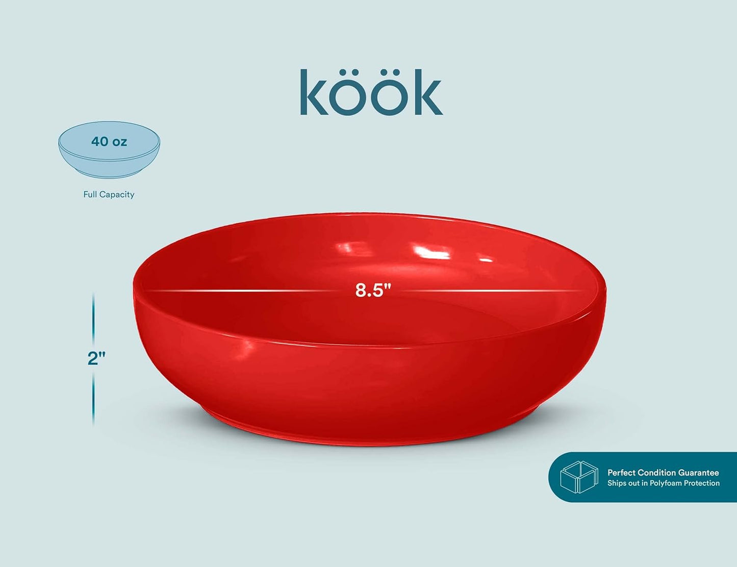 KooK Pasta Bowl, Salad Bowls, Soup, Serving Bowls, Ceramic, Large Capacity, Microwave & Dishwasher Safe, Set of 4, 40 Oz,(Red)