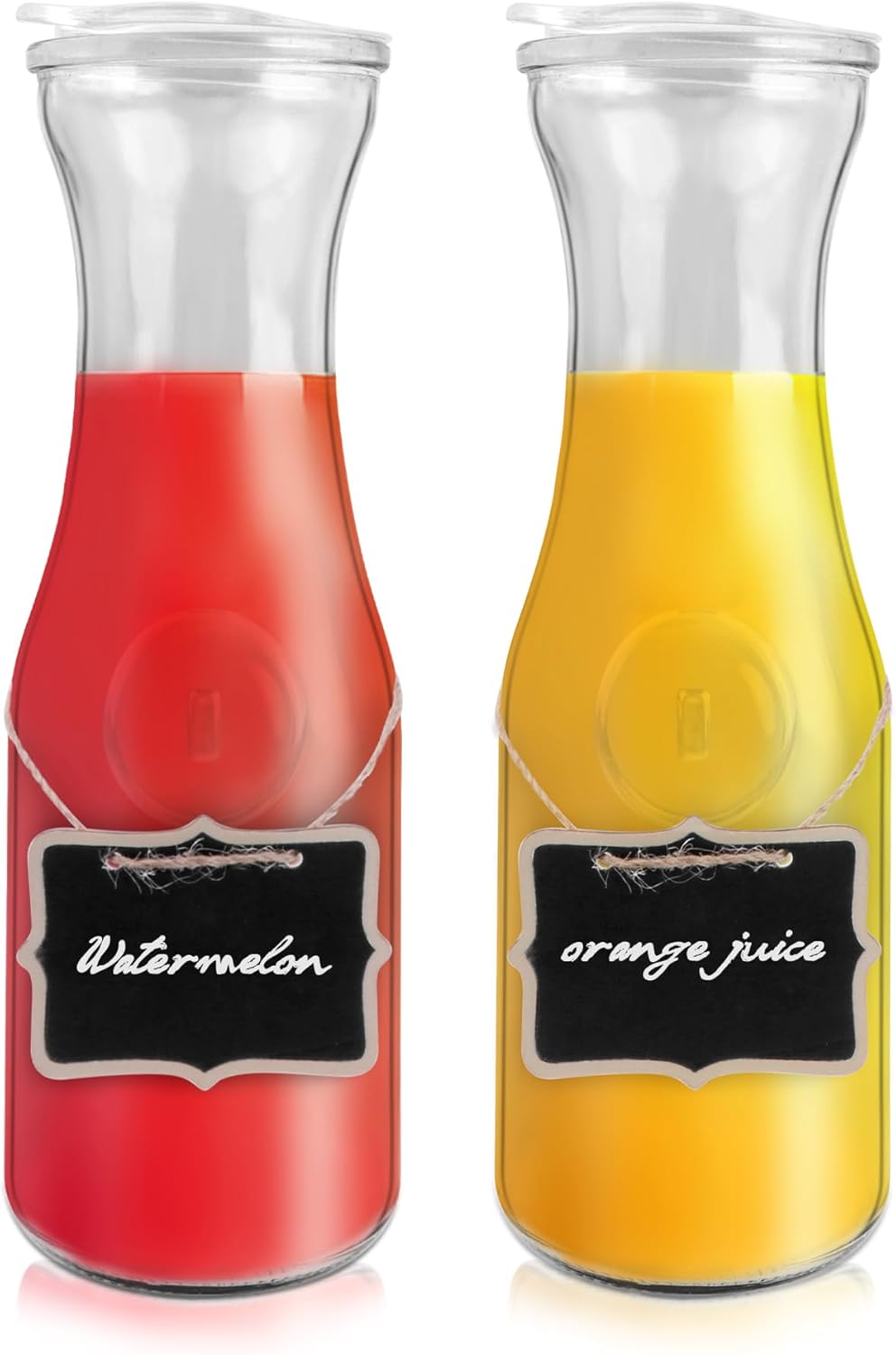Glass Carafe with Acrylic Lid,35 Oz Beverage Dispensers Carafe,Mimosa Bar Supplies,Clear Glass Pitcher with Name Labels for Iced Tea,Coffee,Juice(Set of 2)