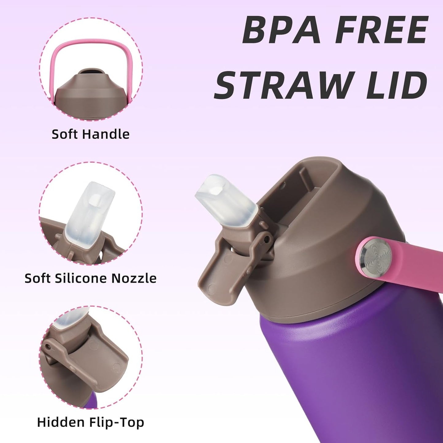 BJPKPK Insulated Water Bottle with Straw Lid, 12oz Thermos Water Bottles with Soft Nozzle, Flex Handle & Non-slip Boot, BPA Free Leak Proof Stainless Steel Metal Thermos, Tumblers, Cups,Violet