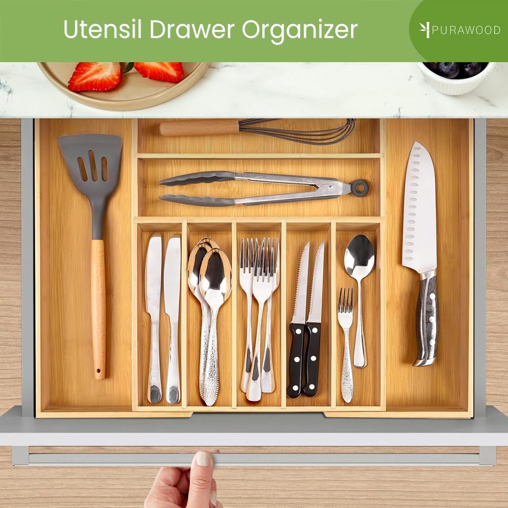Bamboo Drawer Organizer, 2 Pack - Expandable Silverware Organizer & Utensil Drawer Organizer, Cutlery Tray with Dividers, 7-9 Slots- Premium Kitchen Organizer for Utensils & Flatware (Natural)