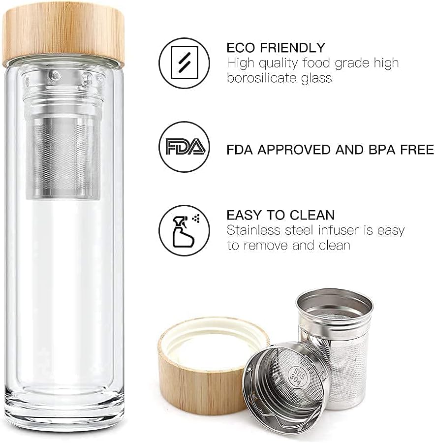 COMI Tea Bottle, 14 oz, Borosilicate Glass, Double Wall, Infuser & Strainer, Bamboo Lid, 400ml
