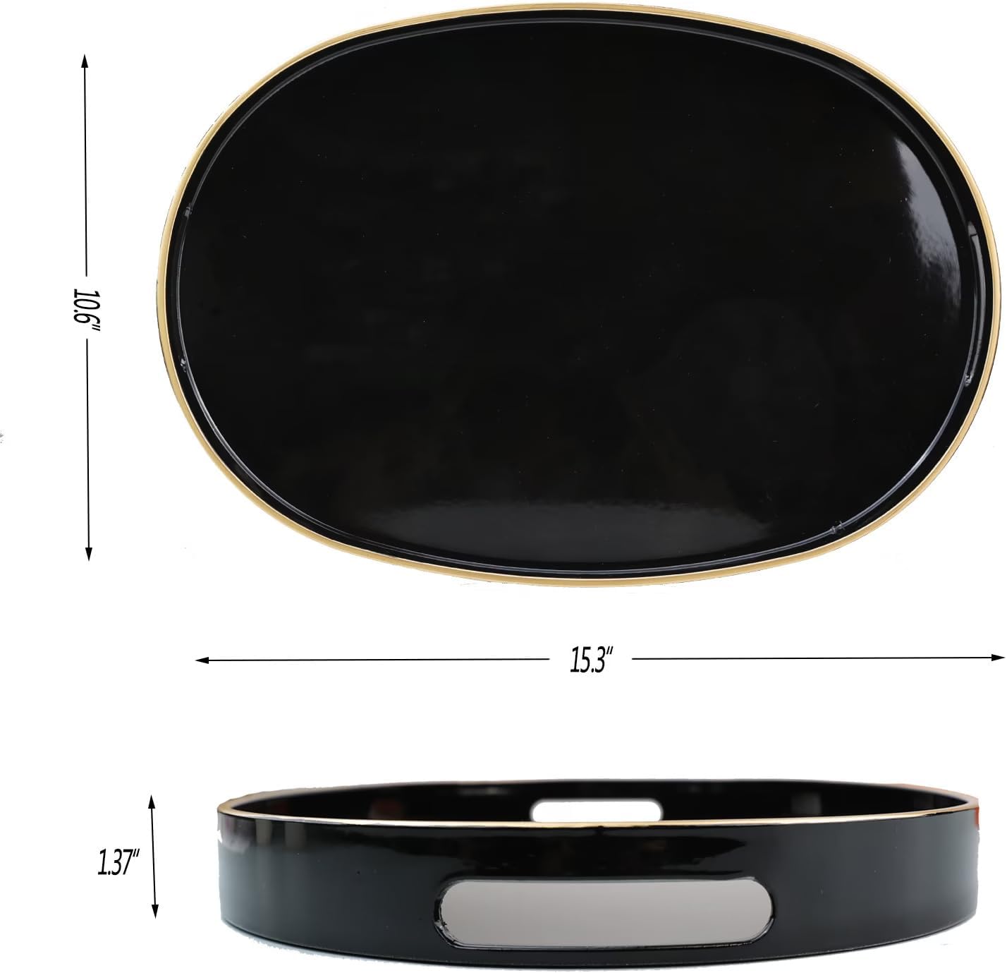 Black Oval Decorative Tray with Handles, Versatile Serving Tray for Coffee Table, Ottoman, Ideal for Serving, Displaying, Organizing