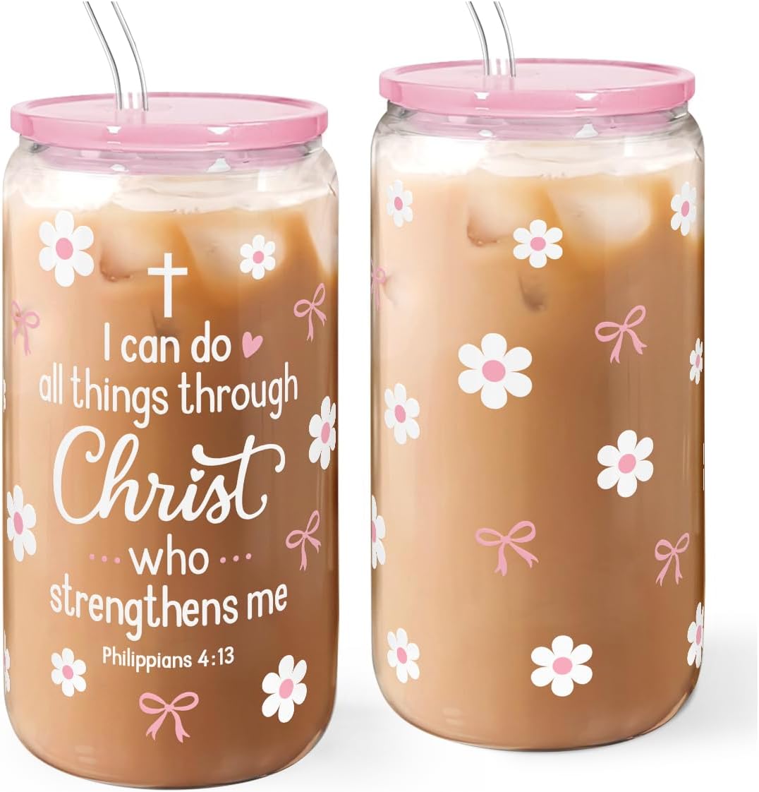 SANDJEST Christian Glass Can Tumbler 16oz, Inspirational Glass Cup with Lid & Straw, Iced Coffee Aesthetic Cups for Women Girls, Gifts Idea for Christmas Birthday