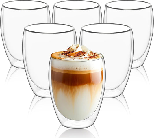 ComSaf Glass Coffee Mugs Set of 6, Double Wall Insulated Thermal Cups 12oz, Clear Glass Coffee Cup for Tea/Juice/Milk, Latte Cappucino Espresso mug Glassware Gift for Christmas Birthday