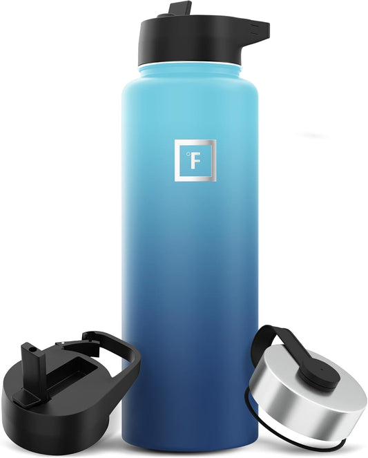 IRON °FLASK Camping & Hiking Hydration Flask with 3 Lids - Stainless Steel, Double Walled & Vacuum Insulated Water Bottle - Leak Proof & BPA Free (Blue Waves, Straw - 40 oz)