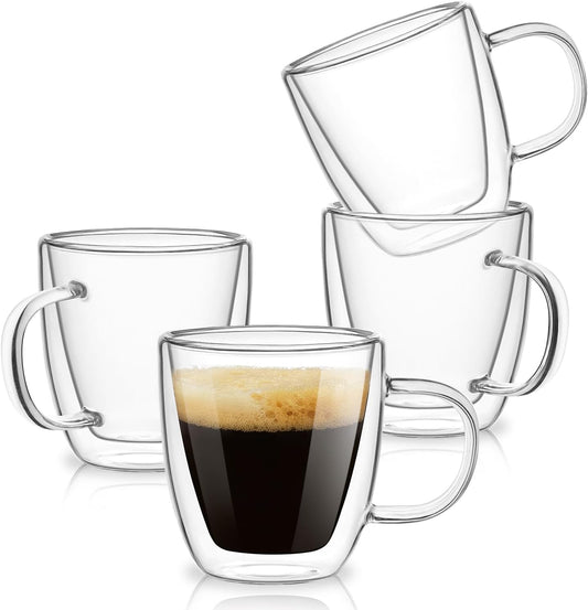 Espresso Cups Set of 4, Double Wall Hand Blown 5.5OZ Espresso Shots Glass, Coffee Mugs with Handle Perfect for Cappuccino, Latte, Tea
