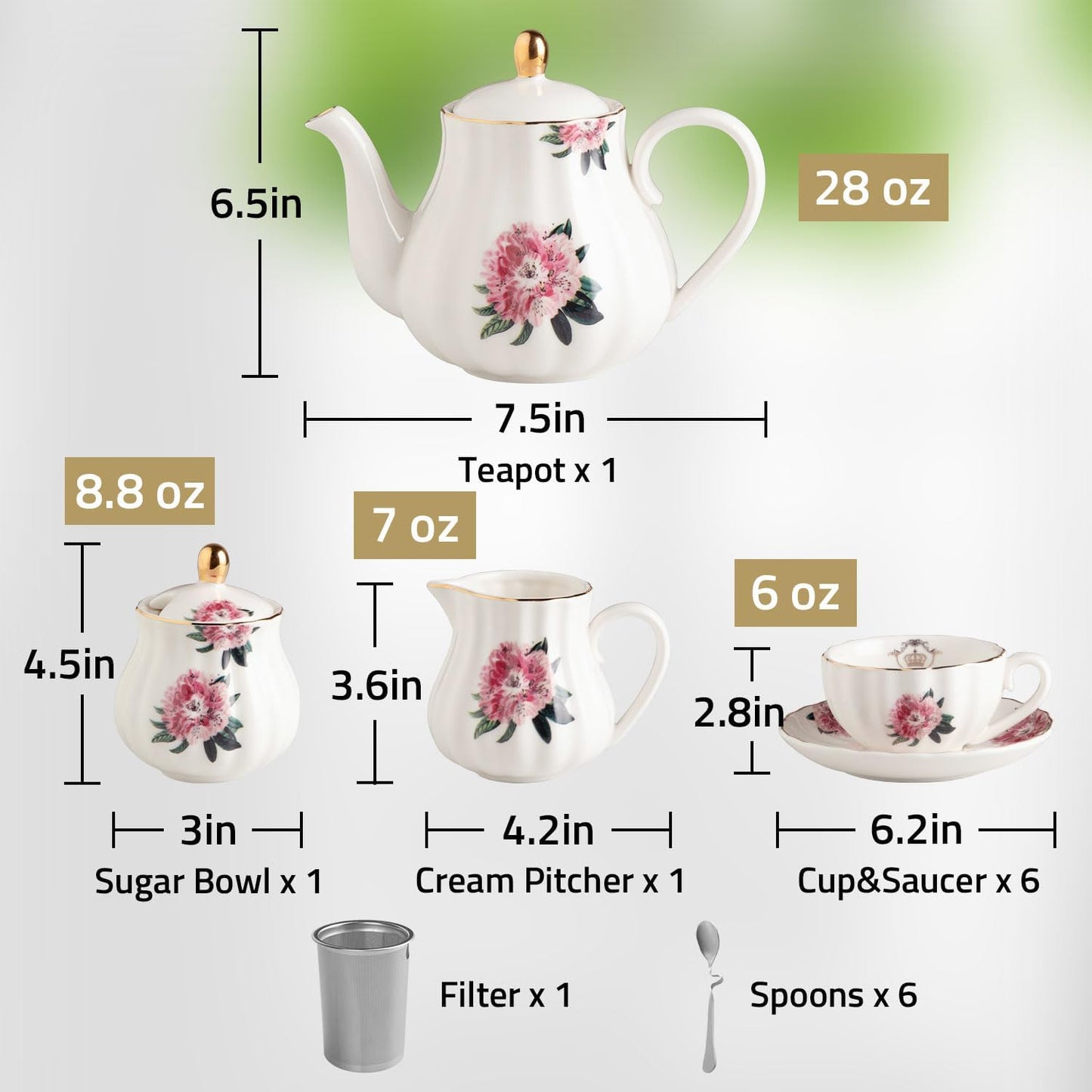 Porcelain Tea Sets British Royal Series, 8 OZ Cups & Saucer Service for 6, with Teapot Sugar Bowl Cream Pitcher Teaspoons and Tea Strainer, Suitable for High Tea, Wedding, Party(Blush Pink)