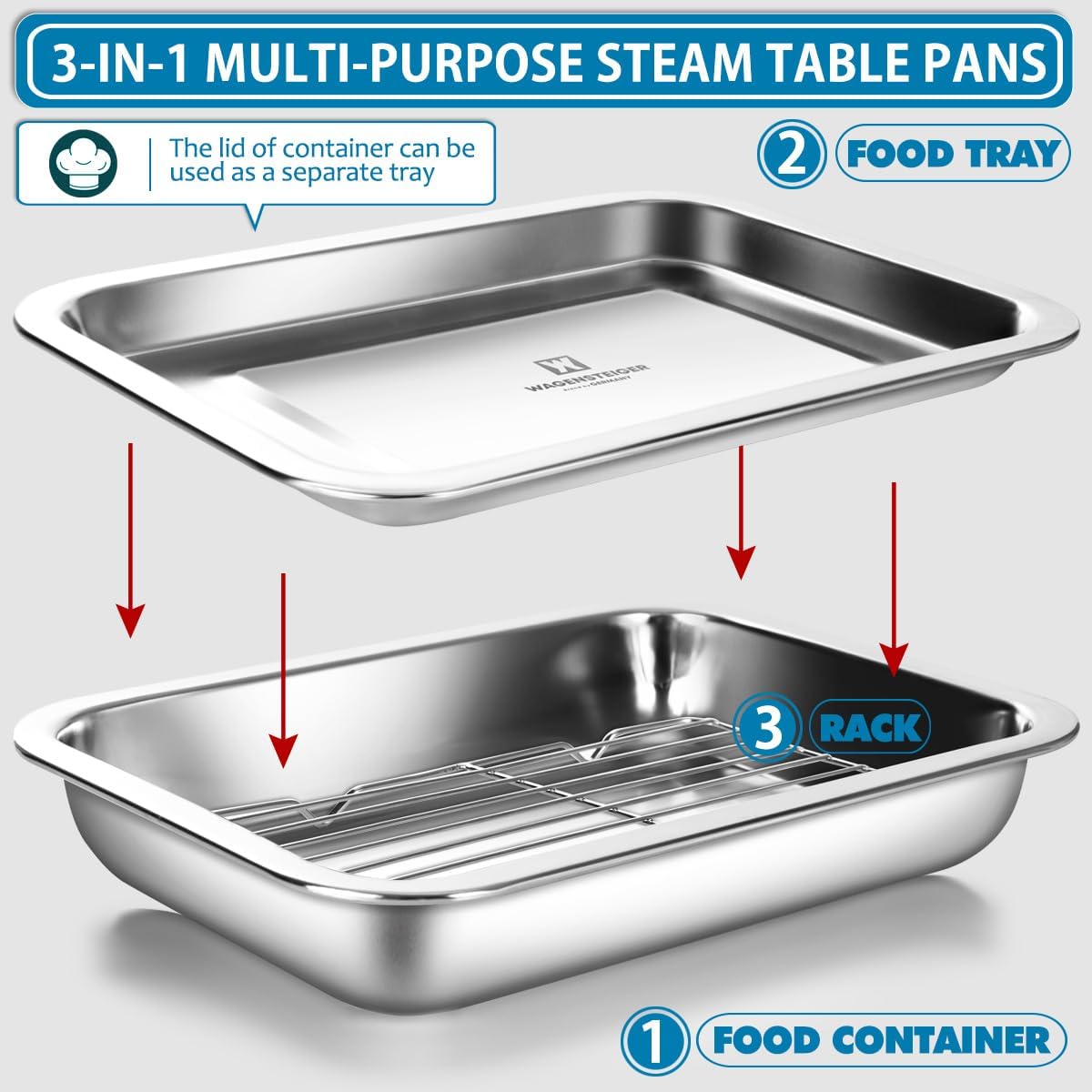 Stainless Steel Casserole Pan or Food Prep Container with Rack & Lid (Tray), 3.5Quarts, Buffet Party Pans, Roasting Pan with Rack, Bakeware, Roaster, Oven-safe, Freezer-friendly (1306 / No6)
