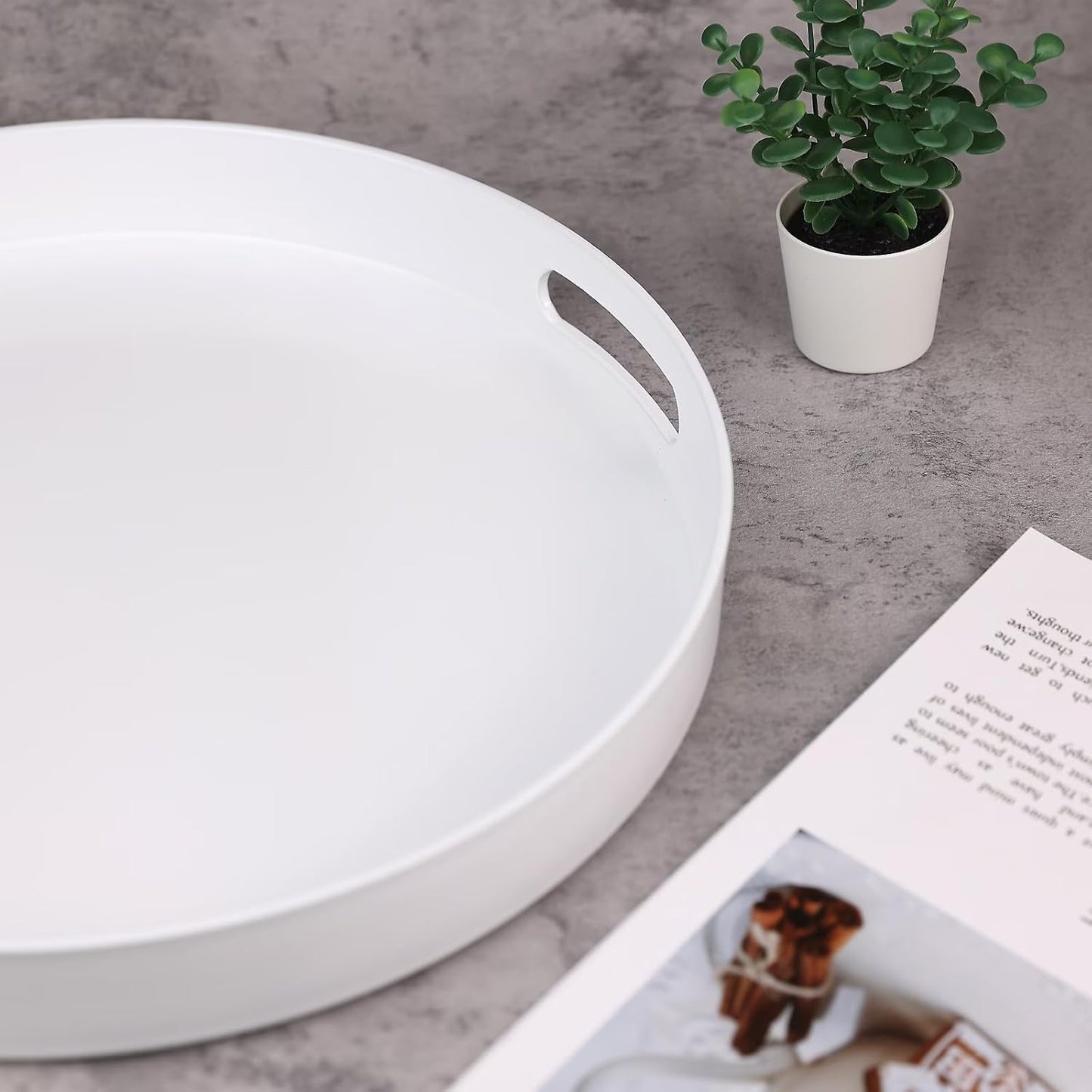 Round White Decorative Serving Tray with Handles, 13” Versatile Ottoman Tray for Coffee Table, Entertaining, Outdoor Patio, Living Room