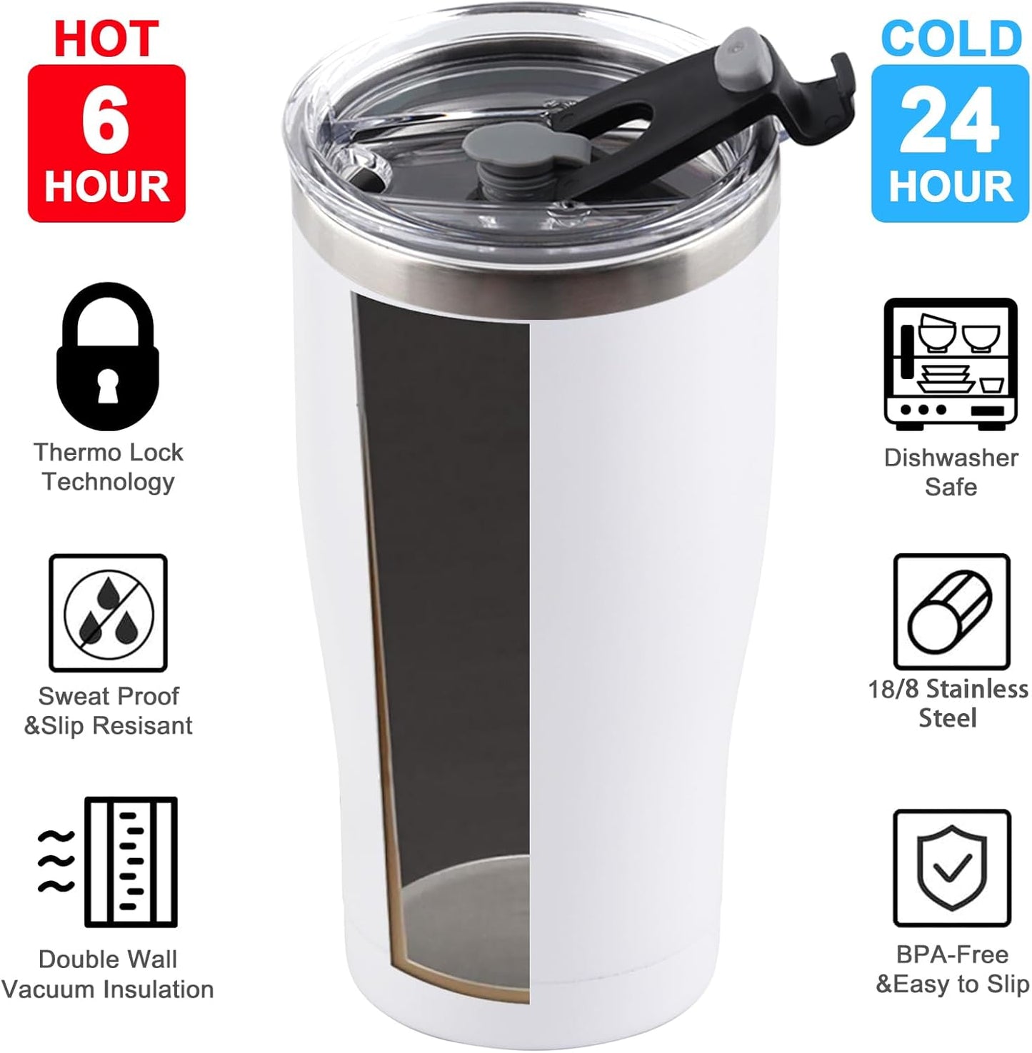 6 Pack 20oz Stainless Steel Tumblers Bulk Reusable Travel Mugs with Lid, Double Wall Powder Coated Coffe Cup for Home, Office, Outdoor Suitable for Vehicle Cup Holders