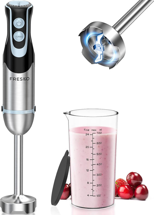 FRESKO Immersion Handheld Blender 500W with 700ml Beaker, 12-Speed & Turbo Mode Hand Blender Stick, 304 Stainless Steel Blades