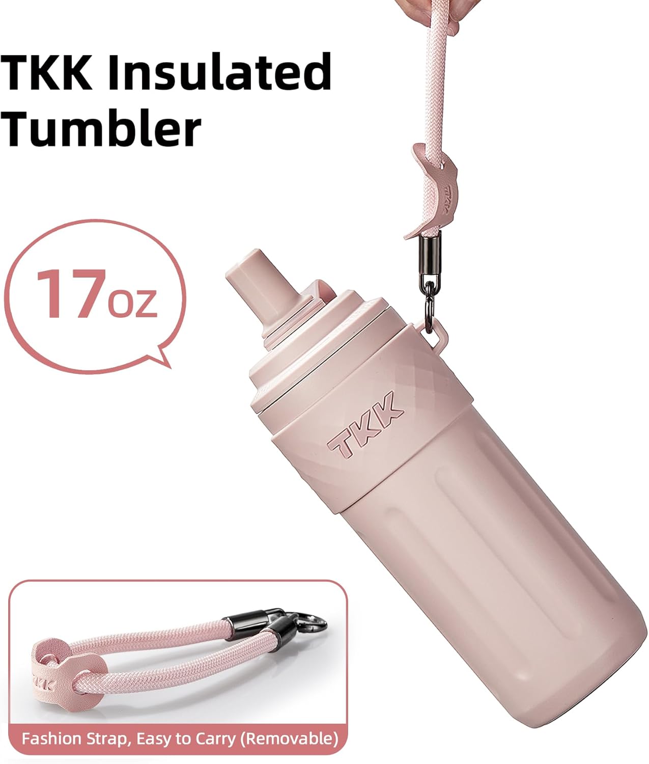 TKK 17 OZ Travel Tumbler Ceramic Lining with Straw Lid, Stainless Steel Vacuum Insulated Double Wall Coffee Tumbler, Leak Proof Iced Water Bottle with Carry Strap for Hot & Cold Drinks, Pink