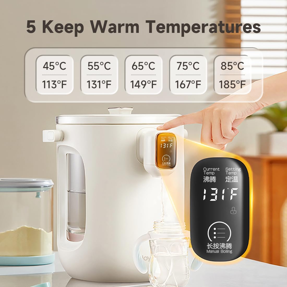 Joydeem Hot Water Dispenser, Glass Water Boiler and Warmer, 5 Keep Warm Temperature Settings, Support ℉ & ℃, 3L/101Oz/12 Cups, JD-DSP203, White
