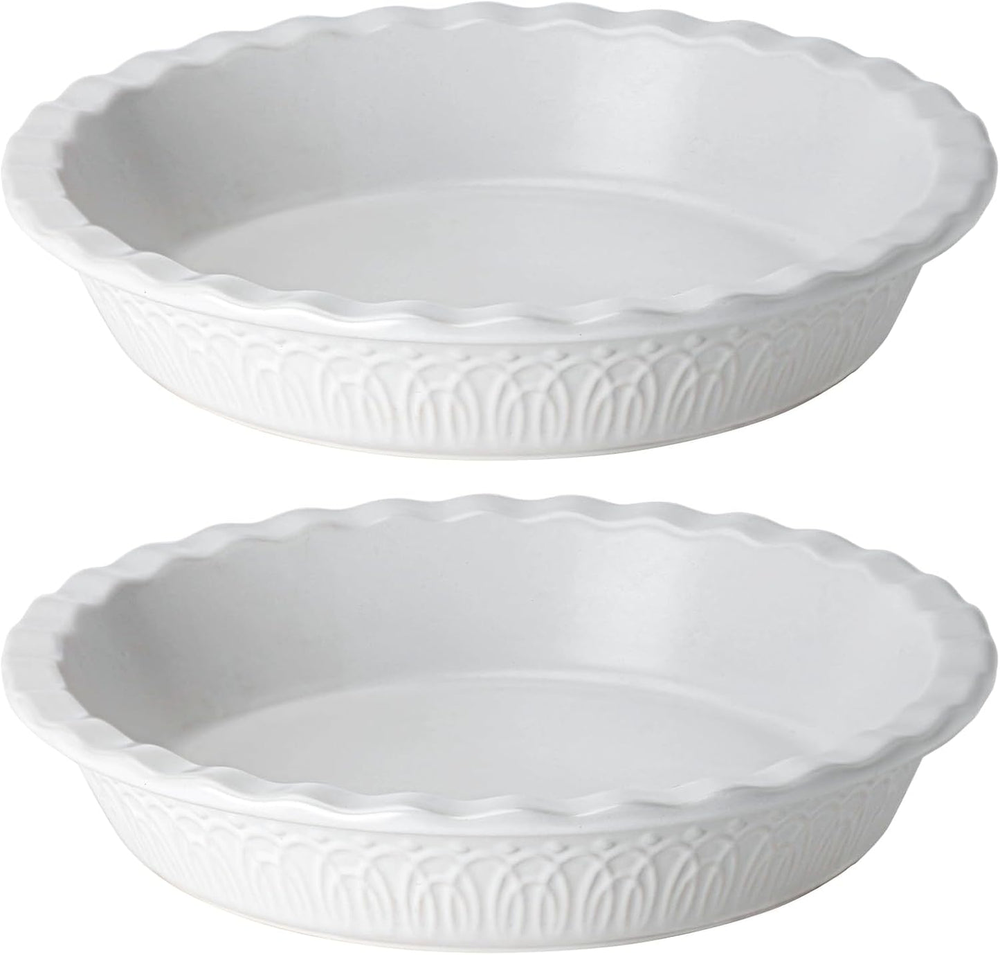 Fun Elements Ceramic Pie Pan, 9 Inch Pie Dish for Baking, Ruffled Pie Plate, Non-Stick Deep Dish Pie Pan for Apple Pie and Pot Pie, Thanksgiving Christmas Gifts, Set of 2, White