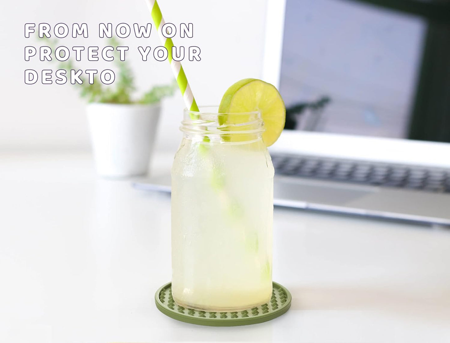 Coasters for Drinks 6 Pcs Plastic Coaster with Holder,Heat Resistant Silicone Cup Mat Tabletop Protection,Non-Slip Rubber Coasters for Kinds of Cups (Green)