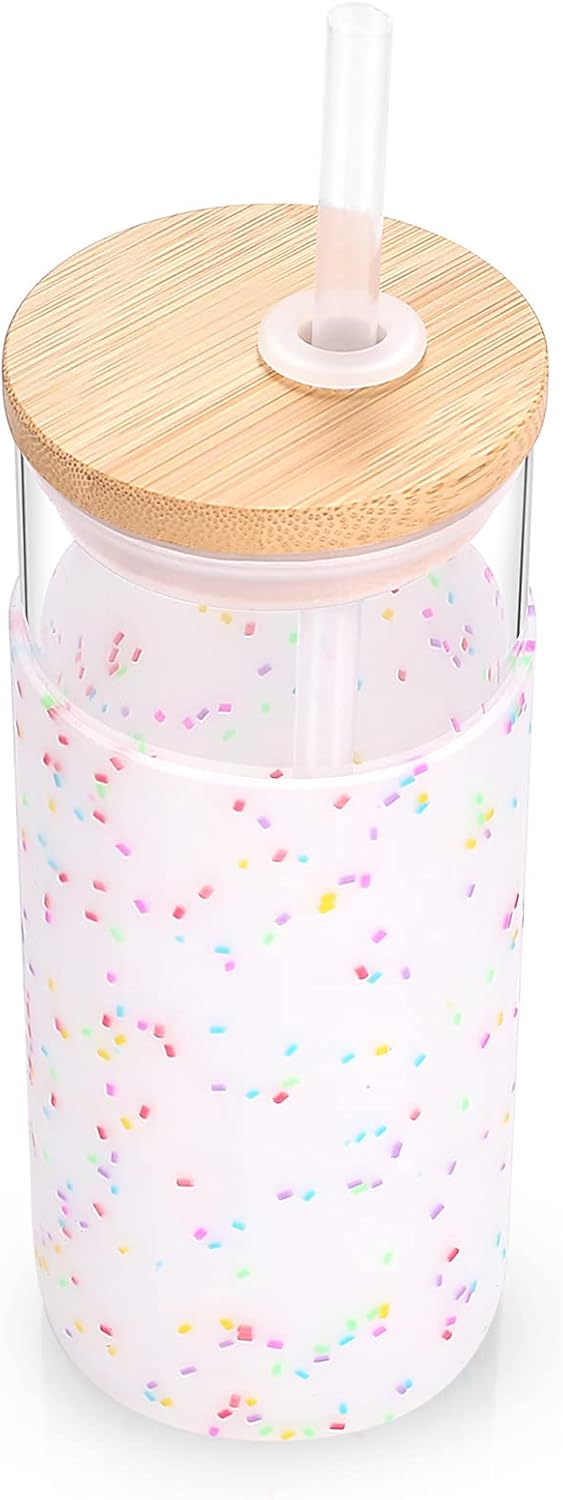 Tronco 20 oz Glass Tumbler Glass Water Bottle Straw Silicone Protective Sleeve Bamboo Lid - BPA Free (Colorful spots/ 2pack)