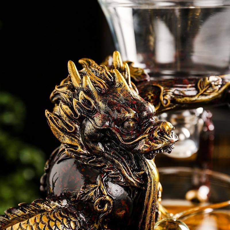 Glass Teapot Set with Infuser Semi Automatic Dragon Tea Set with 6 Small Cups (red golden dragon)