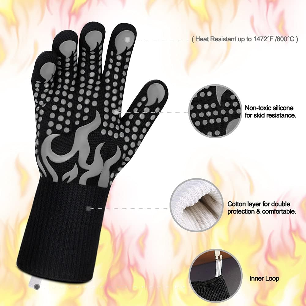 Comsmart BBQ Gloves, 1472 Degree F Heat Resistant Grilling Gloves Silicone Non-Slip Oven Gloves Long Kitchen Gloves for Barbecue, Cooking, Baking, Cutting(Gray)