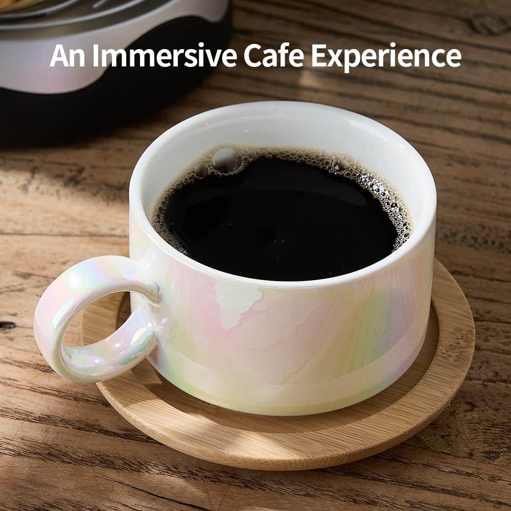 LUKA Porcelain Espresso Cup with Saucers and Metal Stand - 6 Ounce Stackable Ceramic Demitasse Espresso Mugs Cappuccino Cups Set for Latte, Coffee, Cafe Mocha, Tea - Set of 4,Shimmer Golden