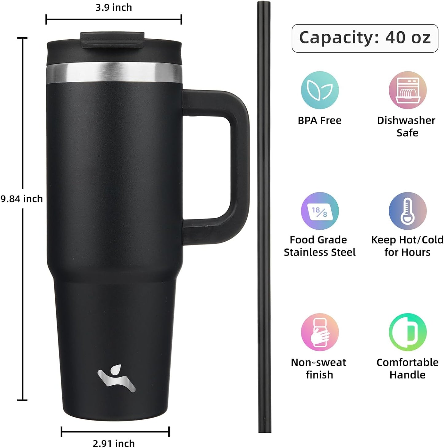 40 oz Tumbler with Handle and 2 Straws,2 in 1 Lid Insulated Water Bottle Stainless Steel Travel Coffee Mug,Black