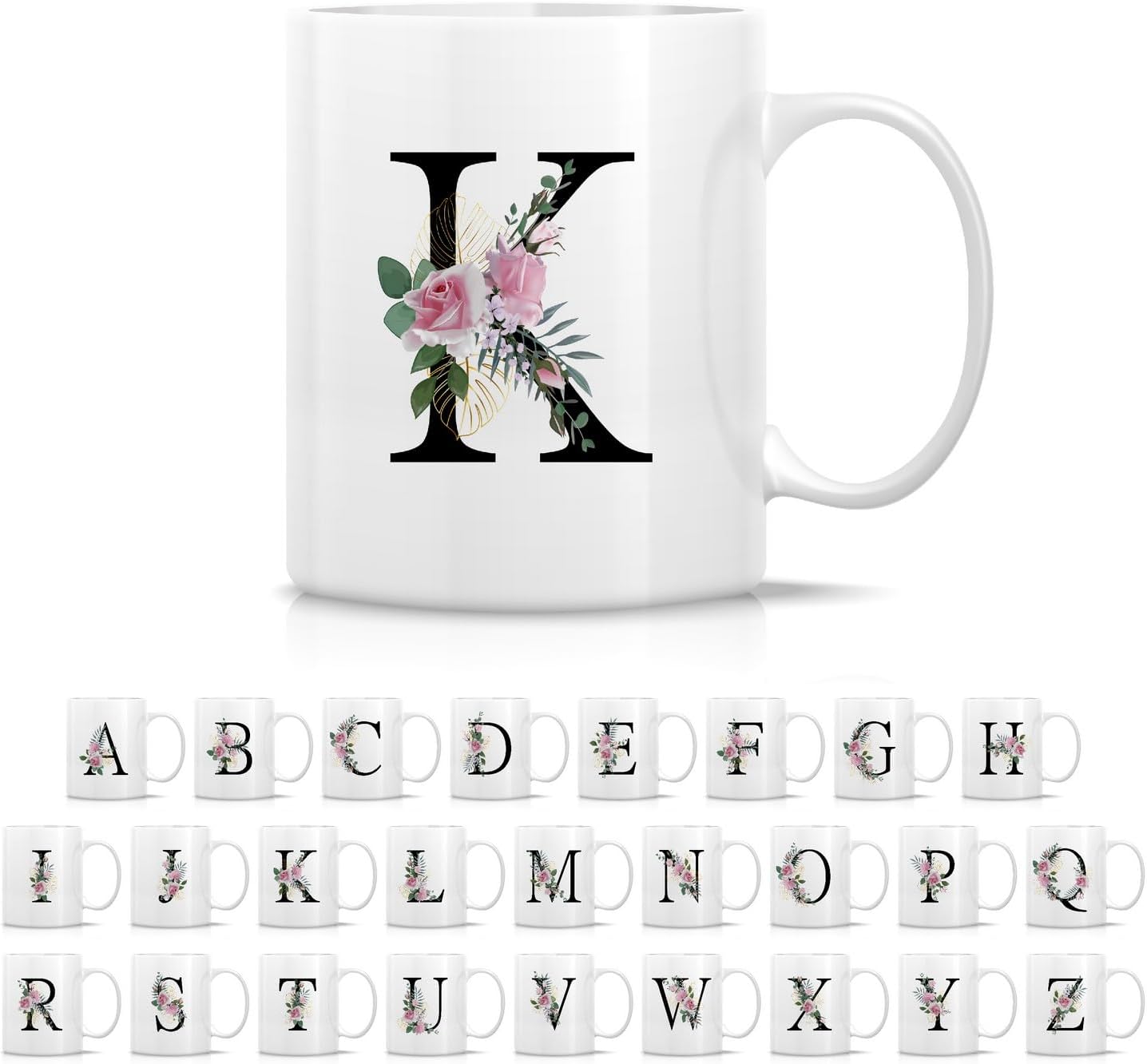 Retreez Initial A-Z Floral Botanical Bouquet Alphabet Monogrammed Monogram Mug 11 Oz Ceramic Tea Coffee Mugs - Appreciation Thank You Wedding Birthday Gifts for her friend coworker sister - K Initial