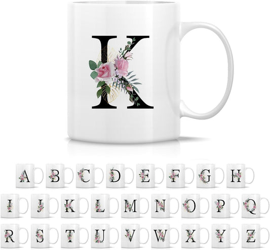 Retreez Initial A-Z Floral Botanical Bouquet Alphabet Monogrammed Monogram Mug 11 Oz Ceramic Tea Coffee Mugs - Appreciation Thank You Wedding Birthday Gifts for her friend coworker sister - K Initial