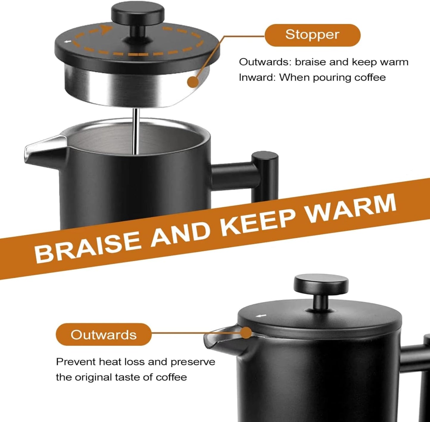 French Press Coffee Maker,Stainless Steel Double Wall Insulated Coffee Press 34 oz,4-8 Cups, Portable Hot Cold Brew Teapot Cafetera for Coffee Bar Accessories Kitchen Camping (Black,34oz)