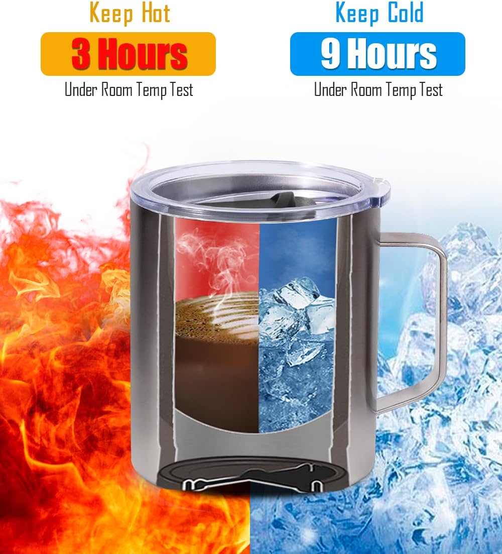 SUNWILL Insulated Coffee Mug with Lid, Travel Tumbler with Handle, 14 oz Stainless Steel Cup for Camping, Office, Home, Powder Coated Caramel